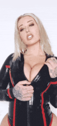 Blonde camgirl with leather jacket denim